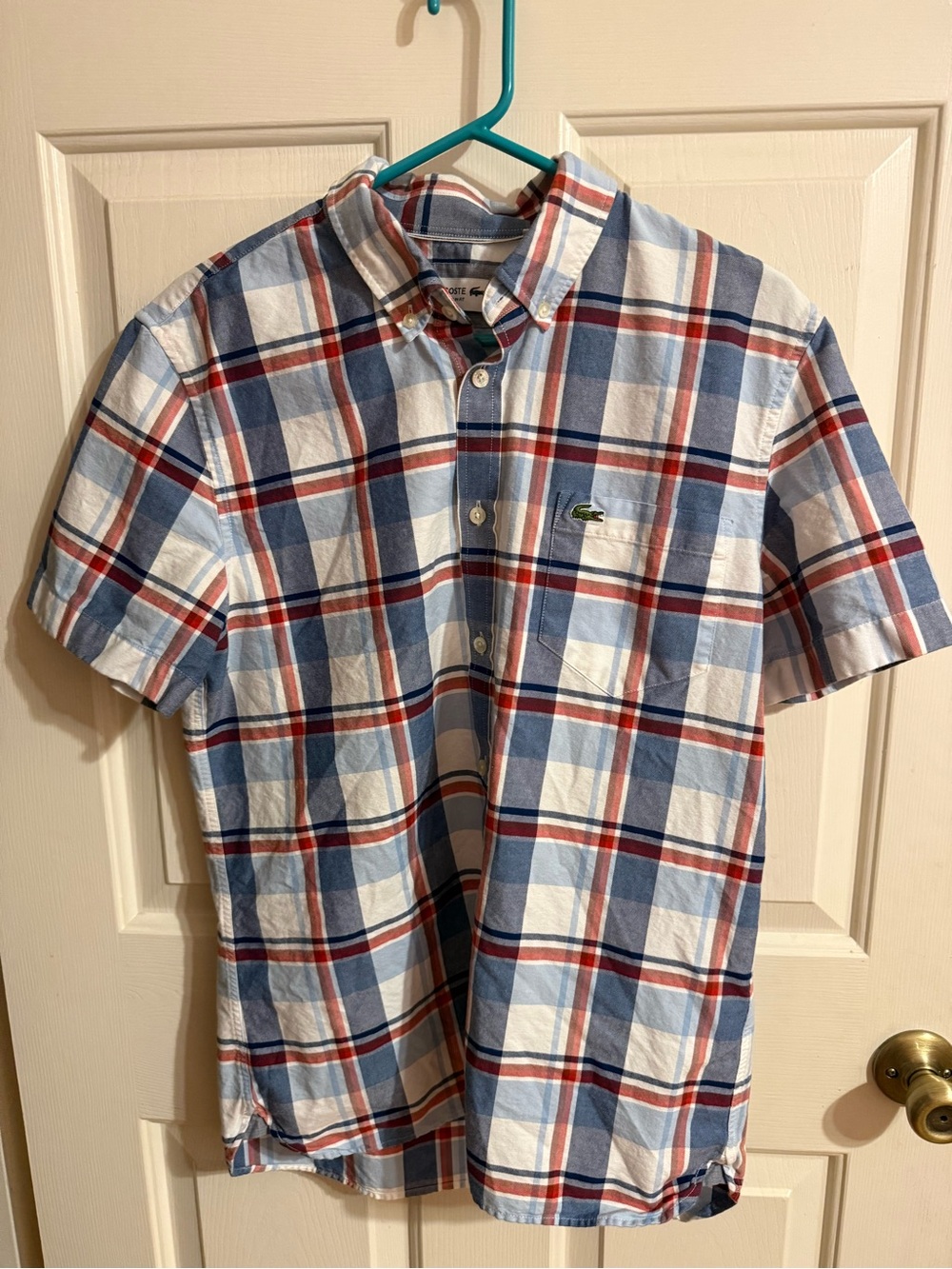 Lacoste Men’s Short-Sleeve Plaid Button-Down Shirt - Light Blue/White/Red size M